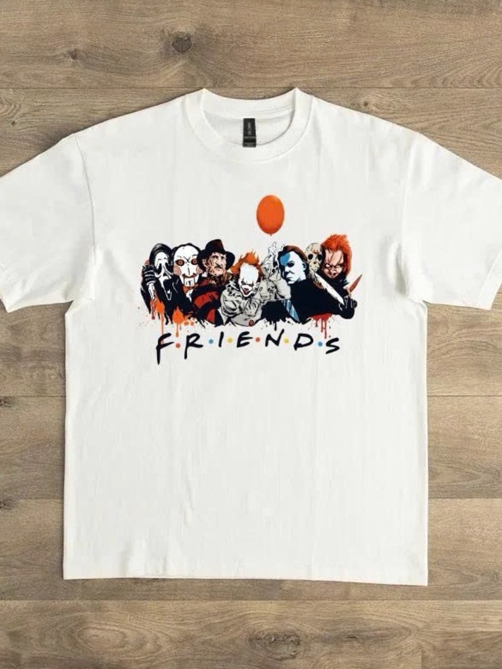 Gildan White Graphic 'Friends' Horror Characters Tee with Orange Balloon